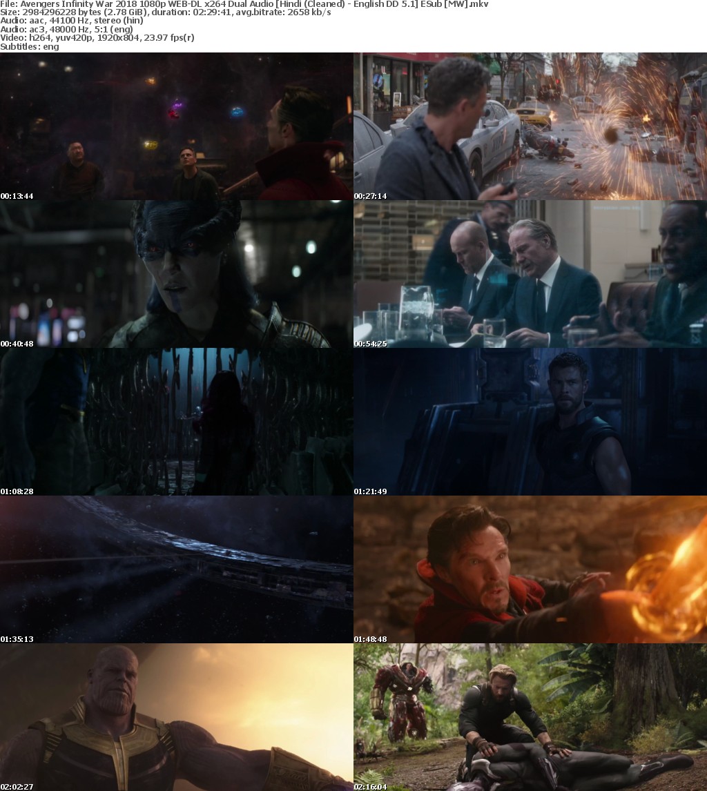 Avengers Infinity War (2018) 1080p WEB-DL x264 Dual Audio Hindi (Cleaned) - English DD 5.1 ESub MW